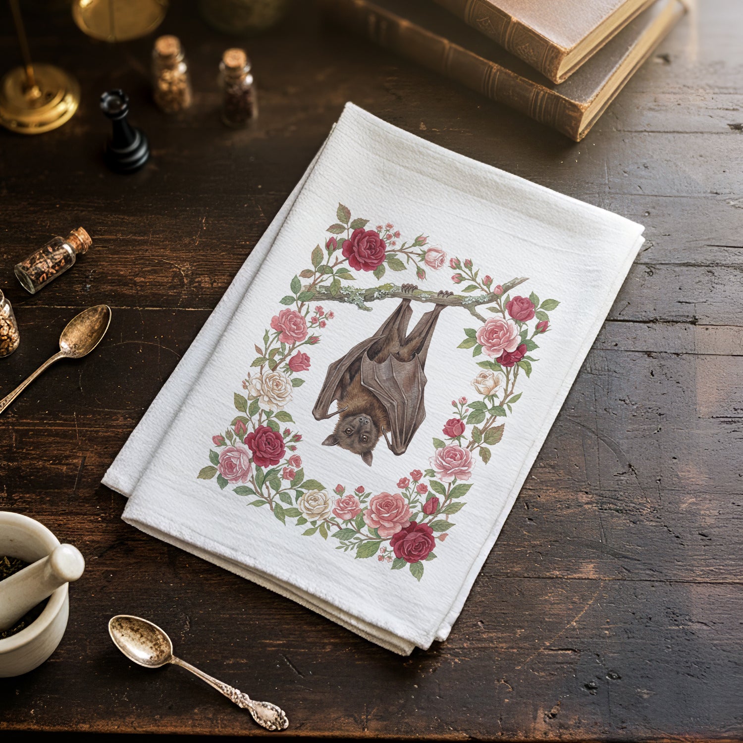 Bat & Roses - Cotton Tea Towel