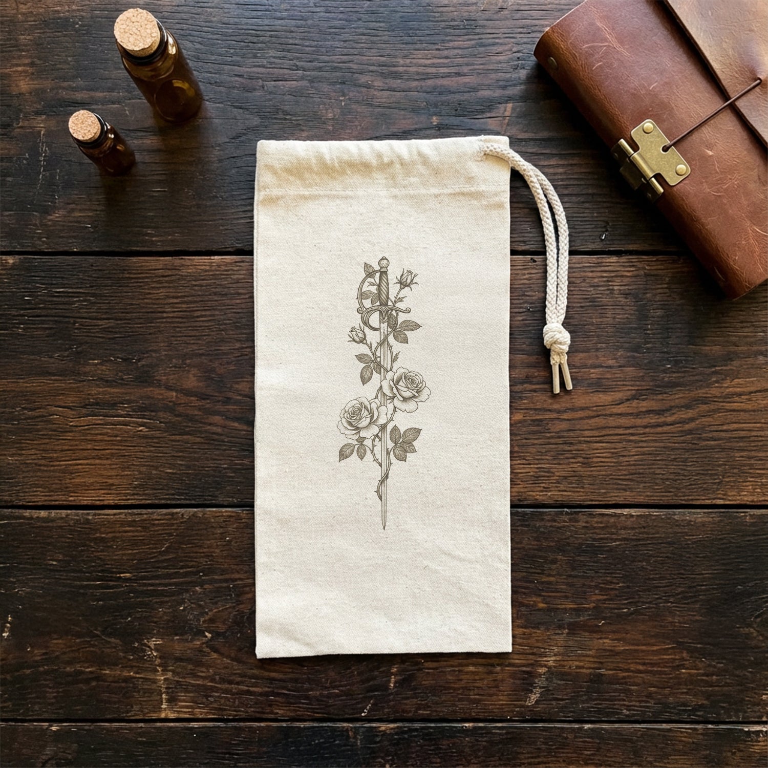 Roses & Rapier Pencil Illustration - Canvas Wine Bag