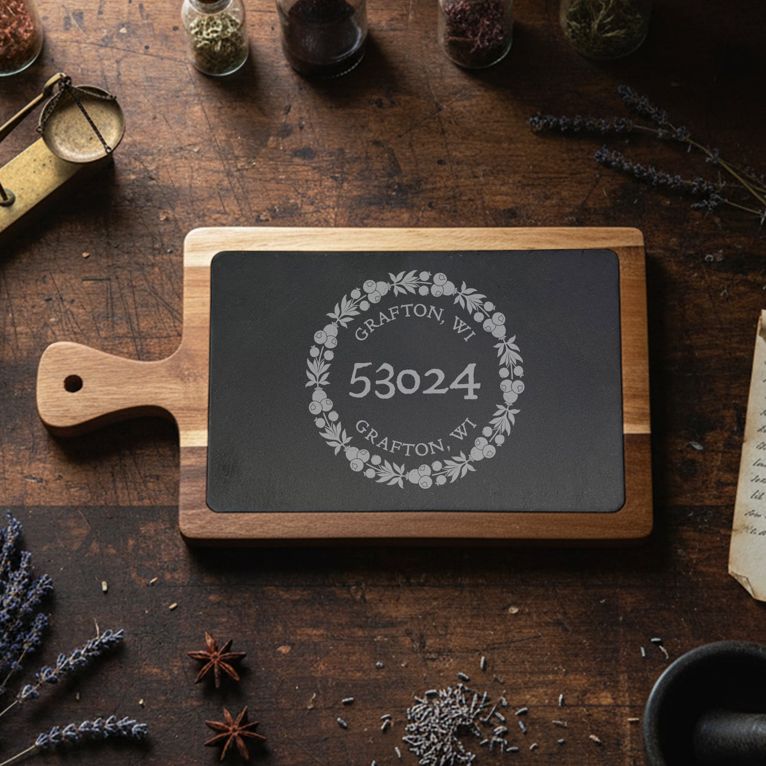 Botanical Wreath Zipcode Stamp - Custom Slate Serving Board