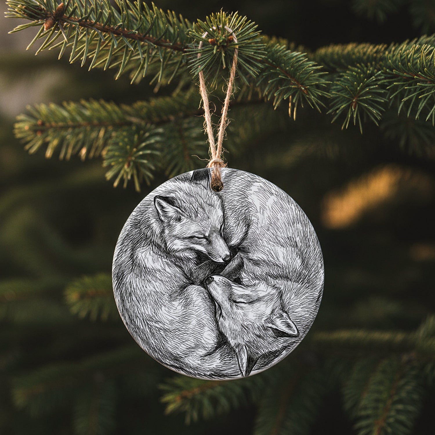 Snuggling Foxes Pencil Illustration - Ornament