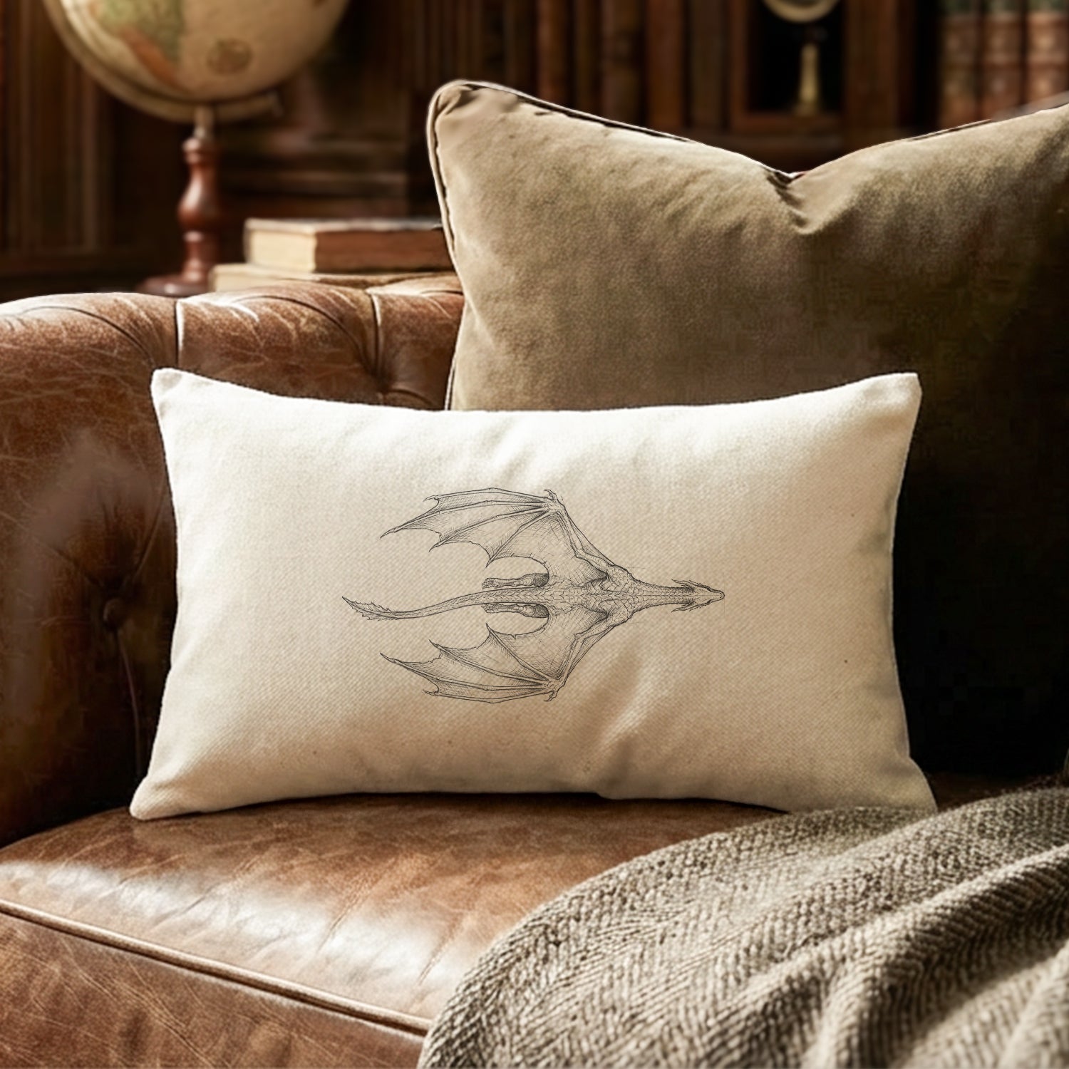 Fantasy Dragon Pencil Illustration - Rectangular Canvas Pillow