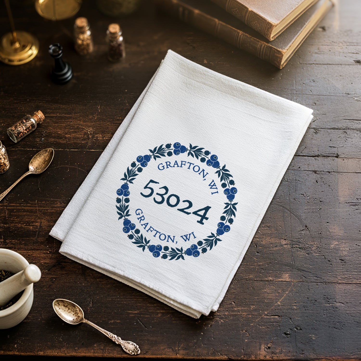 Botanical Wreath Zipcode Stamp - Custom Cotton Tea Towel