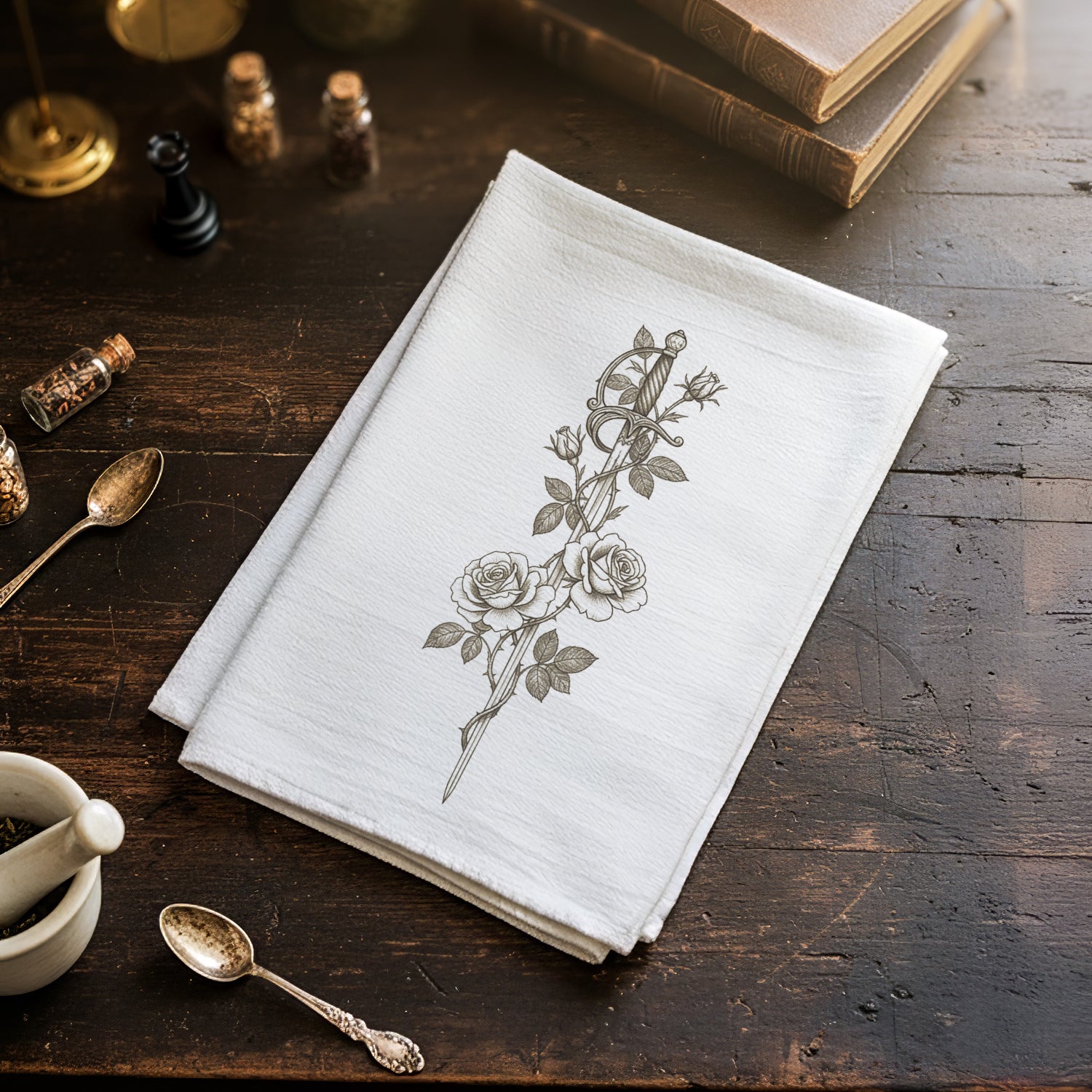 Roses & Rapier Pencil Illustration - Cotton Tea Towel